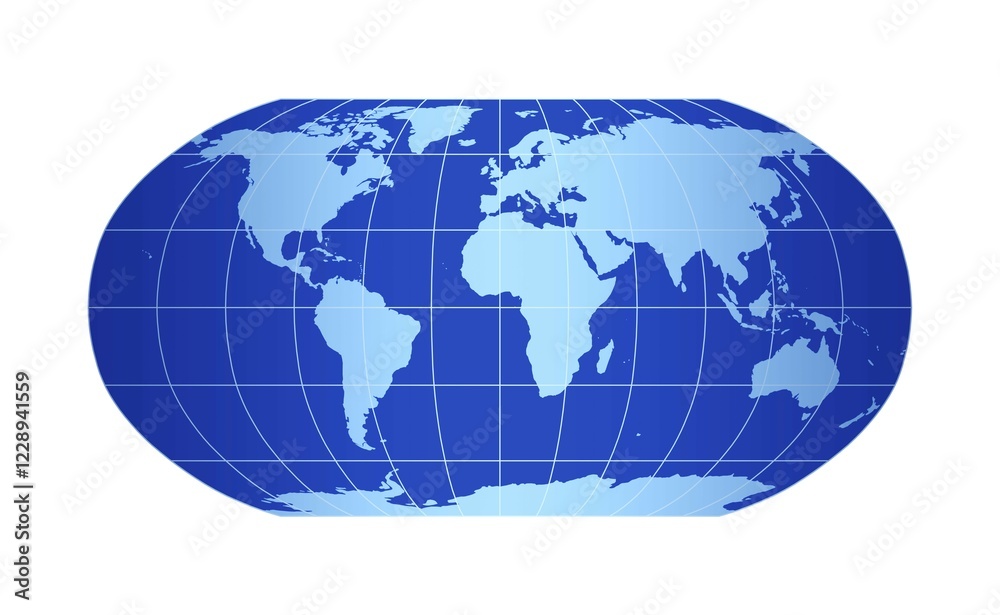 Blue world map, Robinson projection, with grid lines on white backdrop, 3D illustration Blue world map, Robinson projection, with grid lines on white backdrop, 3D illustration