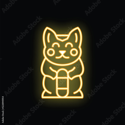 Yellow neon icon of a maneki neko cat holding a koban coin, a traditional japanese symbol of luck and fortune