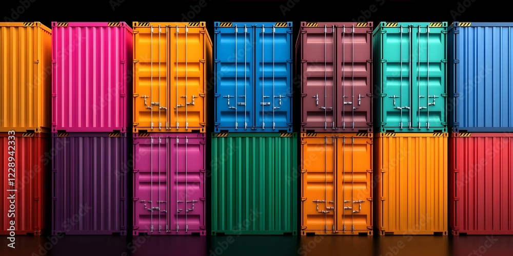 Fototapeta premium A vibrant array of shipping containers in various colors arranged in a grid pattern against a dark background. Concept Colorful Shipping Containers, Grid Pattern Art, Vibrant Urban Aesthetics
