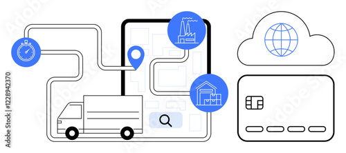 Delivery truck following a route on a map displayed on a tablet, connected to factory, warehouse icons, stopwatch and a cloud with a credit card. Ideal for delivery logistics, supply chain