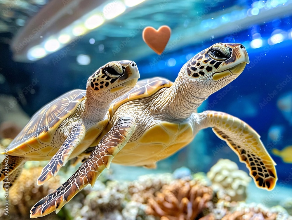 Fototapeta premium Animal couple valentine concept. Two turtles swim together in a vibrant aquarium, showcasing a playful moment with a heart symbol above them.