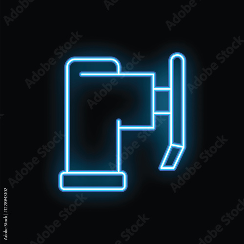 Blue glowing neon icon of a power drill, perfect for projects related to construction, diy and home improvement