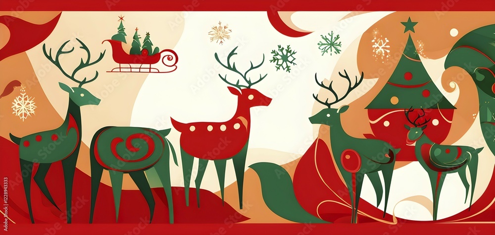 Naklejka premium Whimsical abstract scene with stylized reindeer and sleighs to capture the magic of Christmas, AI generated