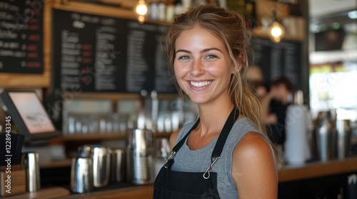 Smiling young waitress at cafe counter.