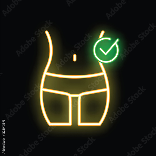 Glowing neon sign representing a slim woman body with a green check mark, evoking the concept of successful dieting and weight loss