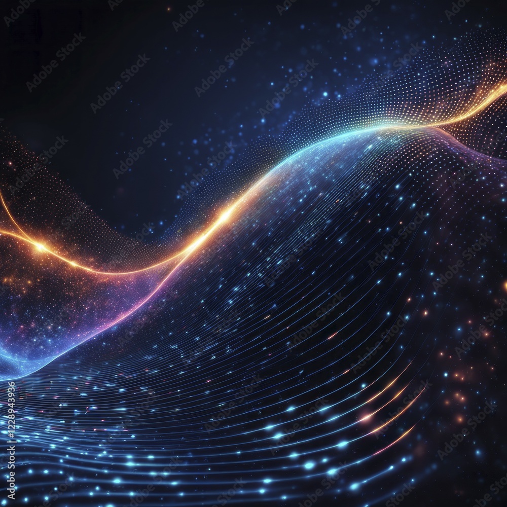 Obraz premium Neon blue and orange waves with glowing lines and sparkles against a dark background, AI generated