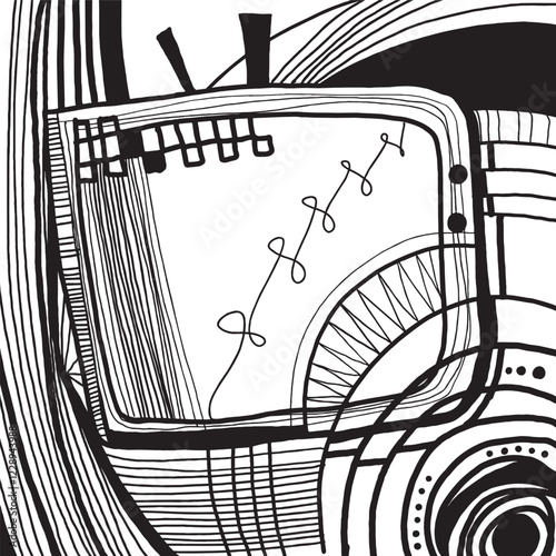 Wired Visions. A minimalist black and white line art of a distorted television screen, showcasing geometric patterns and evoking a sense of nostalgia.