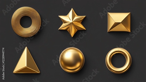 Gold 3D Set of Geometric Shapes Square Sphere Pyramid Torus Star Ring