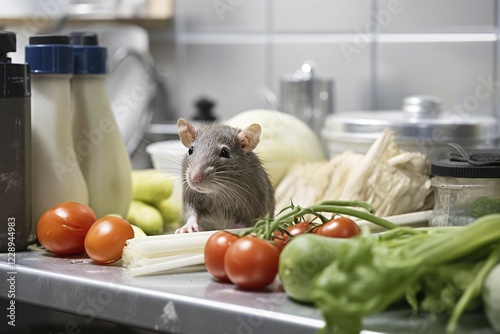Rat between food in industrial restaurant kitchen. KI generiert, generiert AI generated