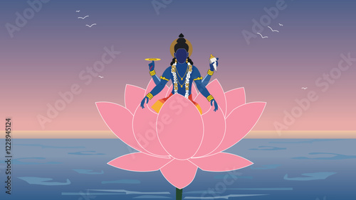 Lord Vishnu Seated on a Lotus Amidst a Serene Sunset