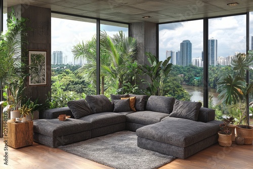 Modern Living Room with Lush Greenery and City Views photo