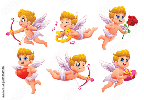 Set of cute cartoon Cupid characters in various poses with heart, bow, harp, gift, and rose. Vector cartoon illustration