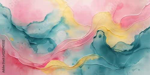 Watercolor Abstract in Soft Pink and Blue with Yellow Highlights photo