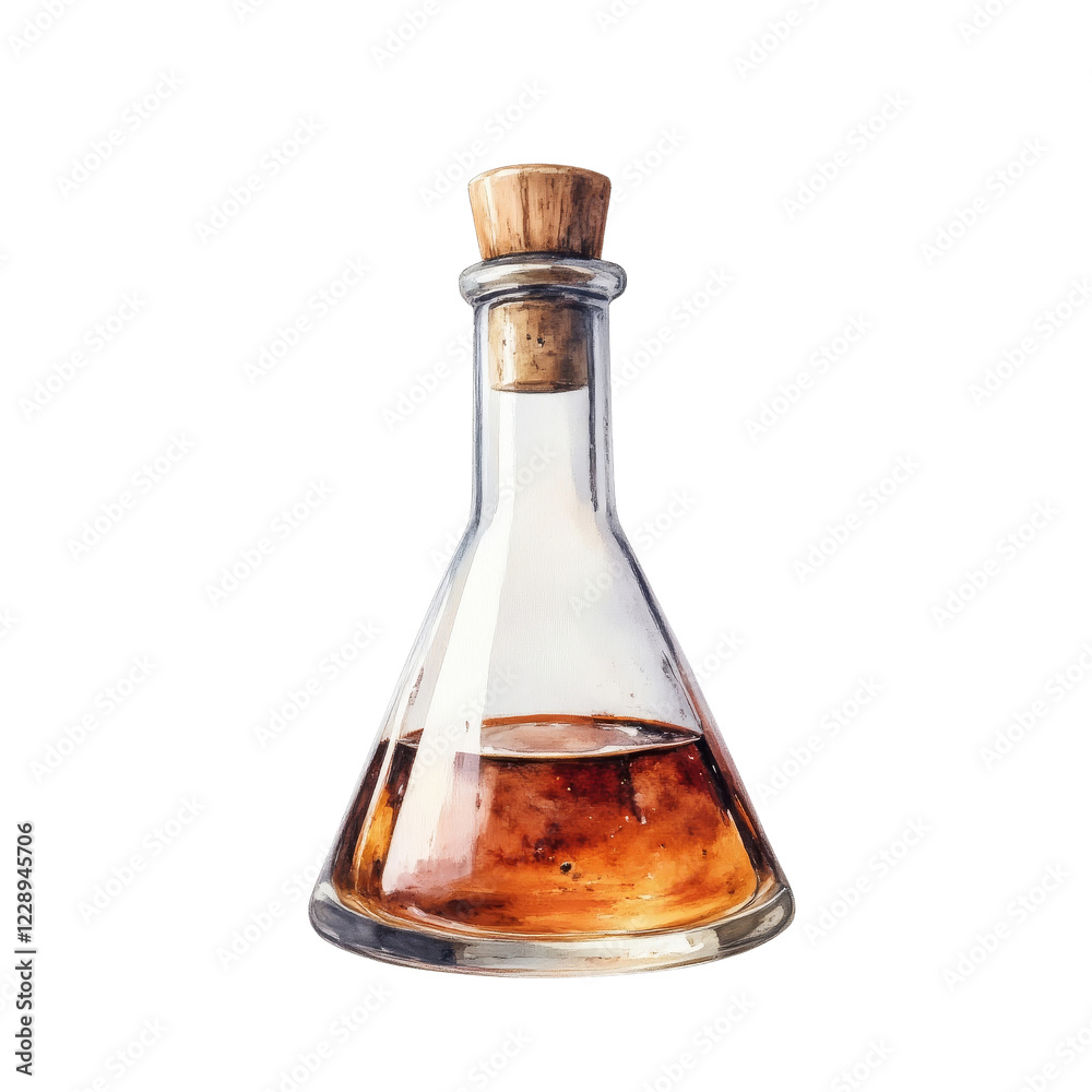 Clear Glass Erlenmeyer Flask Featuring Brown Liquid with Cork Stopper Clear Glass Erlenmeyer Flask Featuring Brown Liquid with Cork Stopper