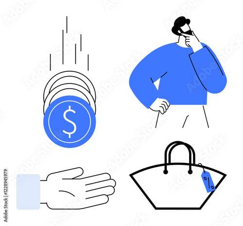 Person pondering financial decisions, falling coins representing spending, open hand for giving or receiving, shopping bag symbolizing consumerism and purchasing choices. Ideal for finance, saving