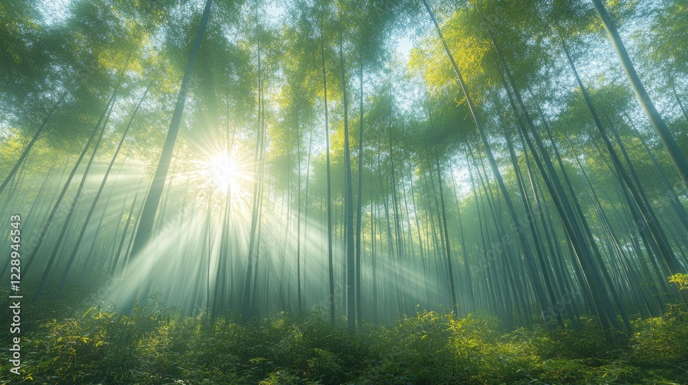 Obraz premium Sunbeams piercing misty bamboo forest.