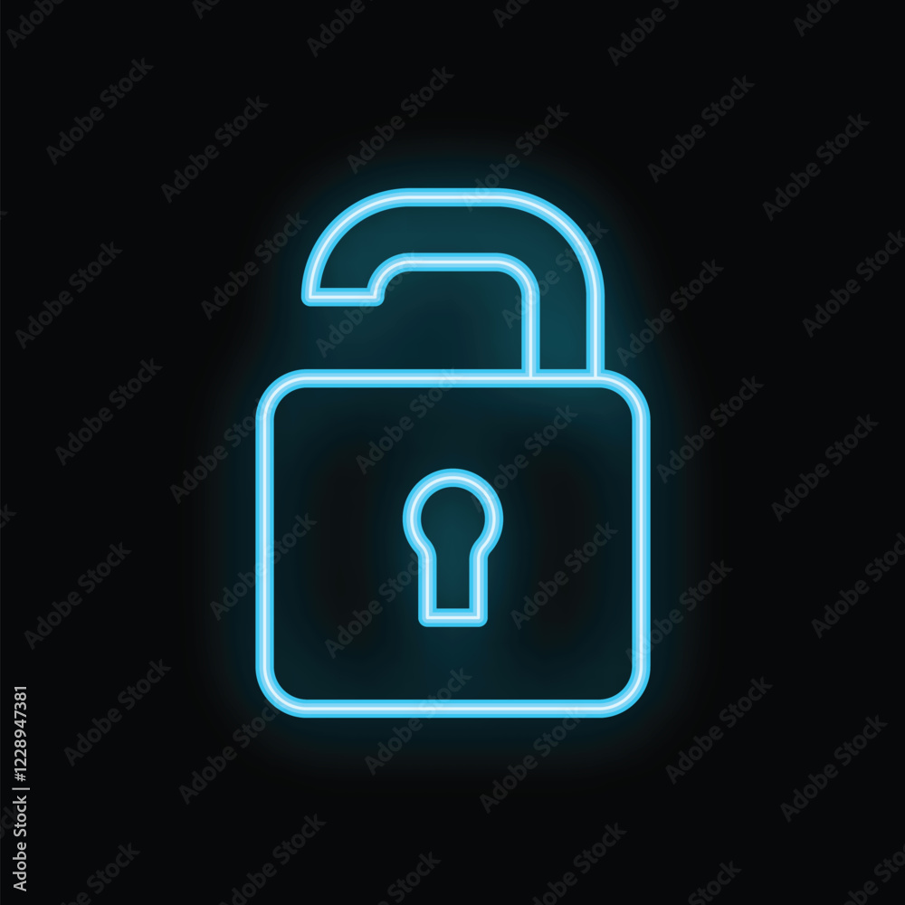 Blue neon open padlock icon glowing on a black background representing safety and security Blue neon open padlock icon glowing on a black background representing safety and security
