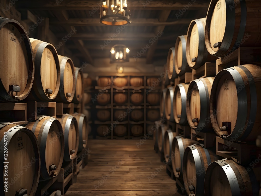 AI generated rustic wine cellar filled with wooden oak barrels AI generated rustic wine cellar filled with wooden oak barrels