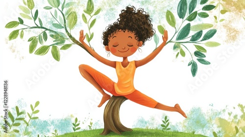 Yoga Girl in Nature: A joyful illustration of a young girl with dark curly hair performing a yoga pose on a tree, surrounded by lush green leaves.