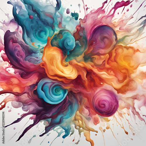 A swirling explosion of vibrant colors, featuring fluid, abstract patterns with smooth curves and dynamic movement. Shades of orange, purple, teal, and yellow blend together in an energetic and captiv photo