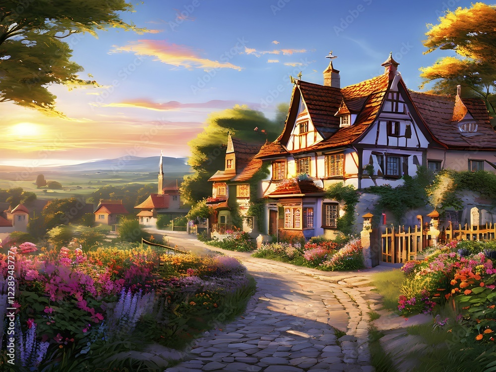 Obraz premium AI generated illustration of colorful countryside houses nestled in a spring or summer scenery with blooming flowers
