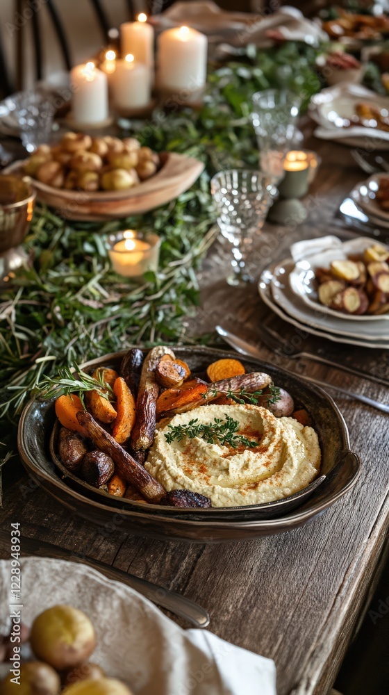 Rustic table setup with roasted root vegetables and a bowl of creamy hummus for dipping Rustic table setup with roasted root vegetables and a bowl of creamy hummus for dipping