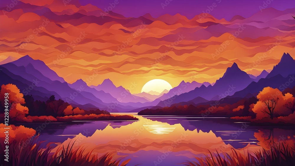 Fototapeta premium Abstract illustration of a sunset in a mountain landscape with a lake in vivid and vibrant colors, AI generated