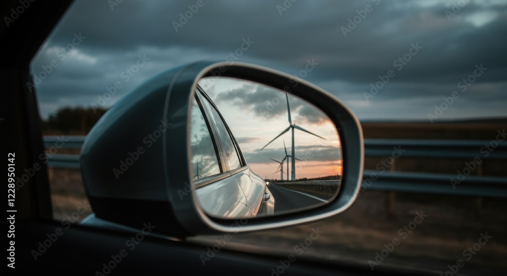Wind turbine reflected in car side mirror at sunset on highway Wind turbine reflected in car side mirror at sunset on highway