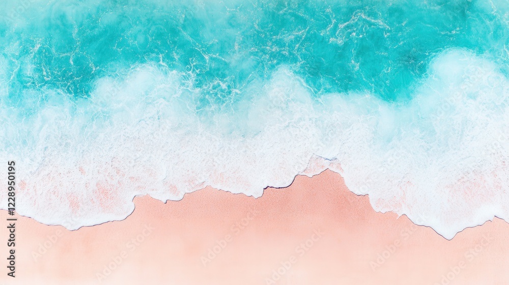 Aerial view of turquoise ocean waves gently lapping against a serene pink sandy beach Aerial view of turquoise ocean waves gently lapping against a serene pink sandy beach