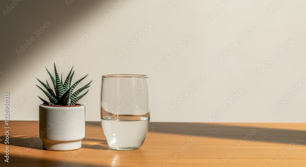 Glass of water and potted cactus on wooden table in sunlight Glass of water and potted cactus on wooden table in sunlight
