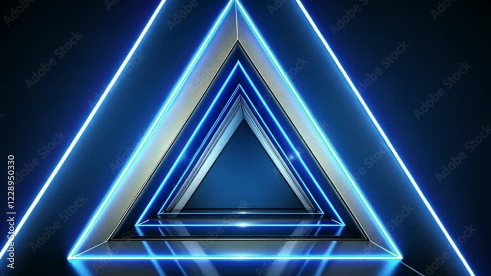 A digital rendering of a futuristic tunnel composed of glowing blue neon triangles. The scene is dark, emphasizing the vibrant light. Symmetrical design with reflective surfaces.