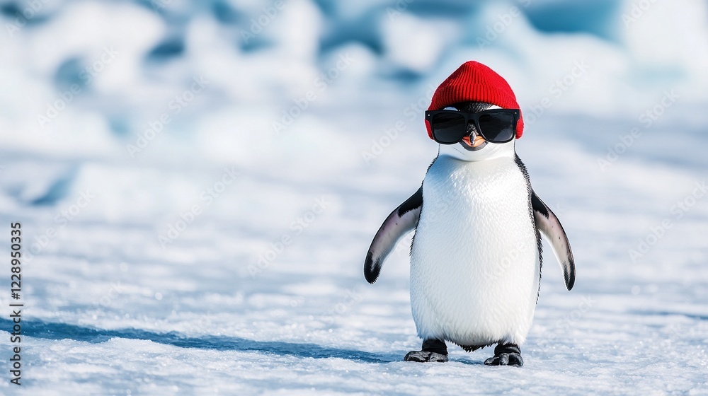 Obraz premium Cool penguin wearing red beanie and sunglasses on snow.