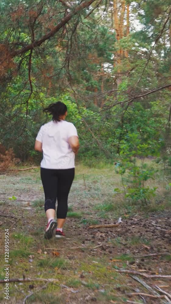 Young nice overweight woman improves her body running in the forest at sunset, back view. Body transformation, change in body, weight loss. Body positive, self-confidence. Plus size woman running Young nice overweight woman improves her body running in the forest at sunset, back view. Body transformation, change in body, weight loss. Body positive, self-confidence. Plus size woman running