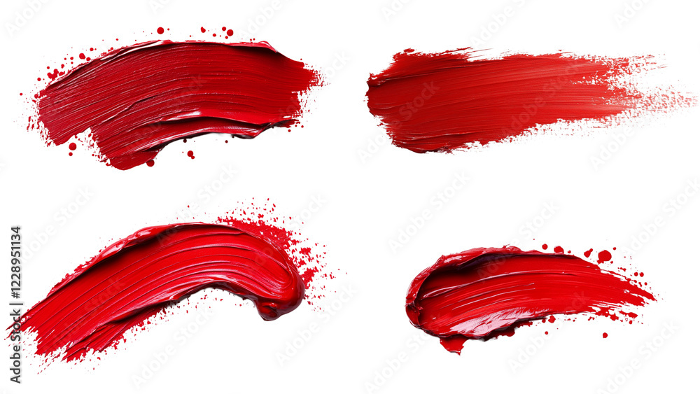 Crimson Strokes: Four bold strokes of vibrant red lipstick create a dynamic, abstract composition against a clean background. This image is ideal for cosmetic packaging, design. Crimson Strokes: Four bold strokes of vibrant red lipstick create a dynamic, abstract composition against a clean background. This image is ideal for cosmetic packaging, design.