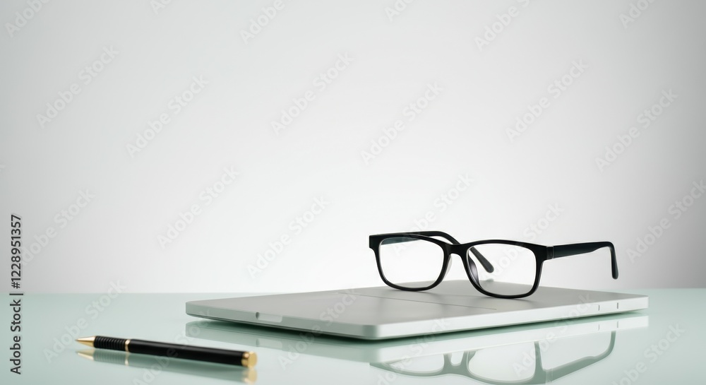 Black glasses on closed laptop with pen on glass desk Black glasses on closed laptop with pen on glass desk