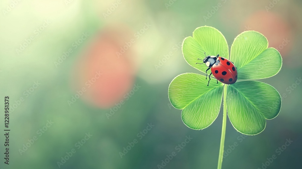 Naklejka premium Ladybug on Four-Leaf Clover: Lucky Charm with Vibrant Red Bokeh