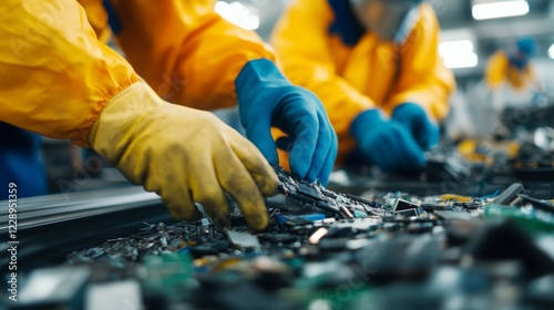 Workers in protective gear sort through electronic waste in a recycling facility, emphasizing the importance of e-waste management.