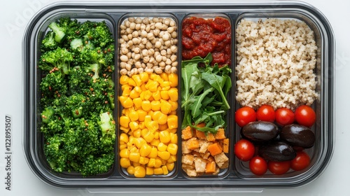Wallpaper Mural Top view of a neatly organized meal prep container, filled with plant-based protein, greens, and grains for a balanced diet Torontodigital.ca