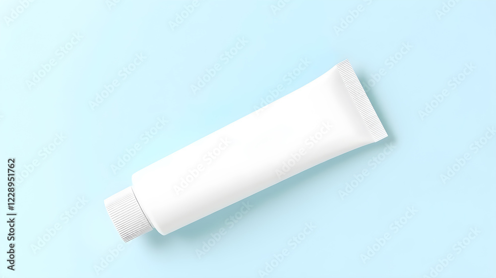 Blank white tube mock up of ointment on light blue background, top view. Space for text. Generative AI Blank white tube mock up of ointment on light blue background, top view. Space for text. Generative AI