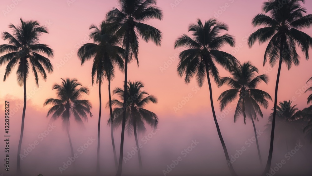 Obraz premium Silhouette of palm trees at tropical sunrise or sunset