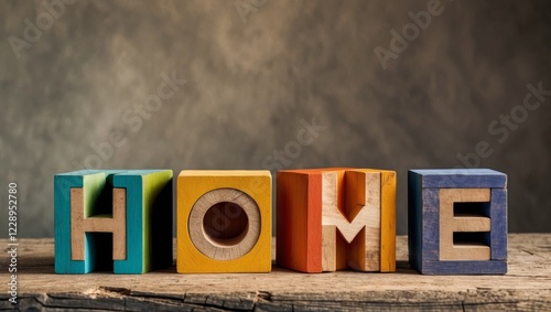 Four colorful wooden blocks spelling home resting on a rustic wooden surface