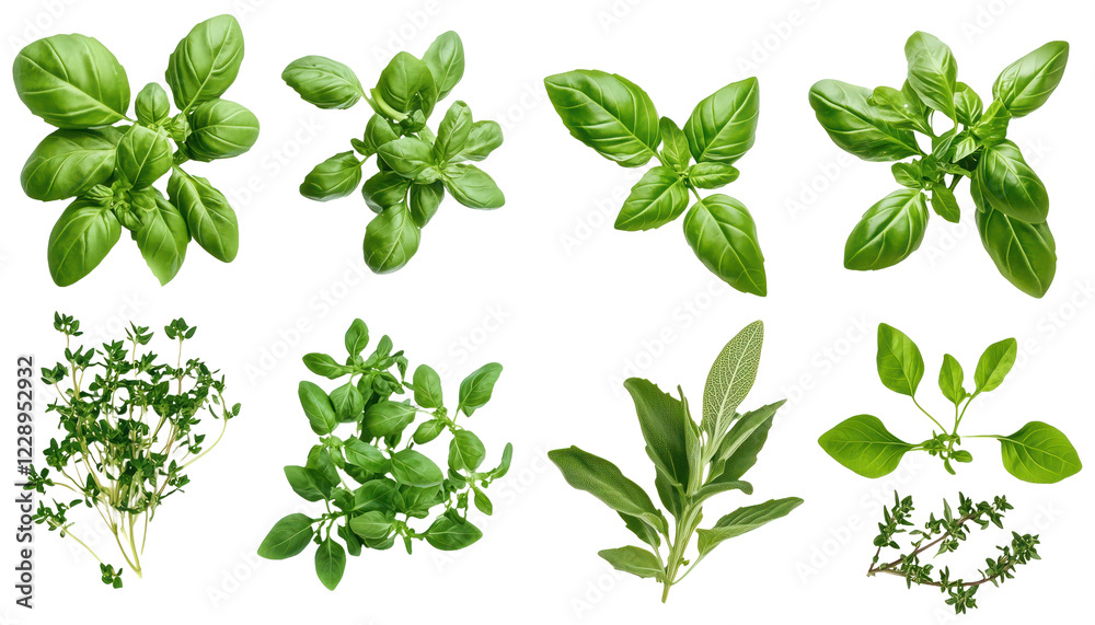 Fresh herb PNG mockup template with isolated basil, rosemary, and thyme sprigs on transparent background Fresh herb PNG mockup template with isolated basil, rosemary, and thyme sprigs on transparent background