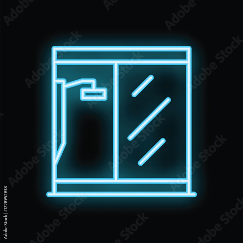 Blue neon icon of a shower stall glowing on a dark background