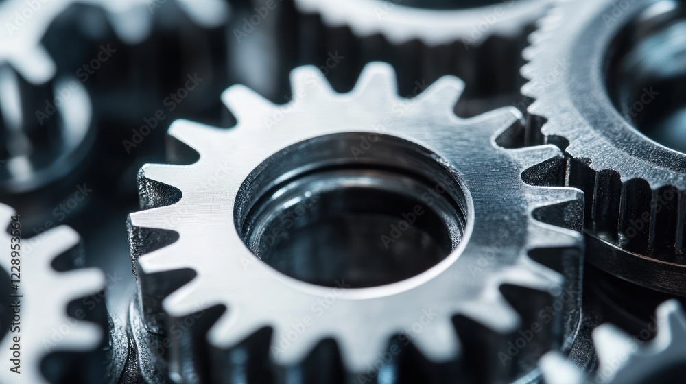 Close-up of interlocking metal gears. Close-up of interlocking metal gears.