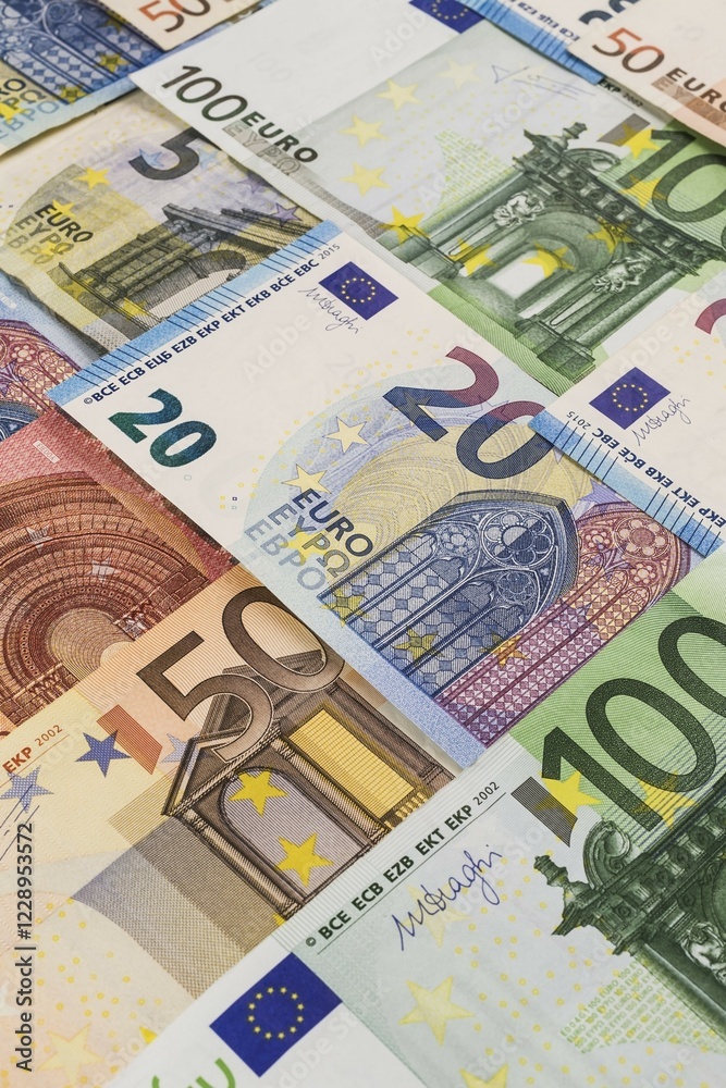 Rows of various Euro bank notes, Germany, Europe