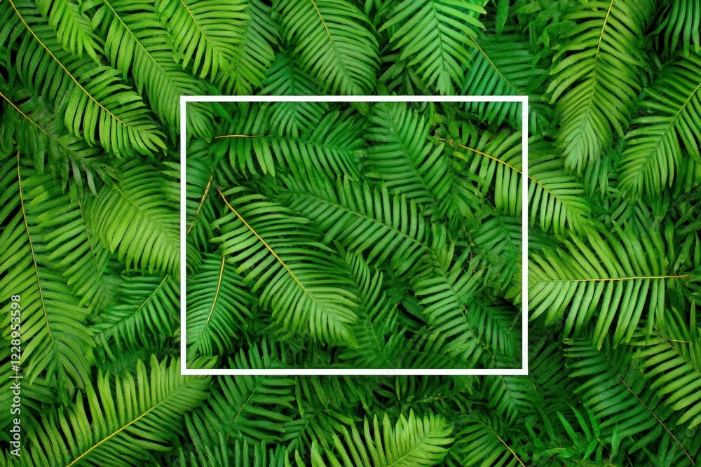 Lush green foliage background with a white frame. Lush green foliage background with a white frame.