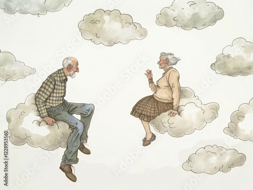 A caricature, illustration of an elderly couple sitting on clouds, cheerful idea of the afterlife, wishful thinking about what happens after death, AI generated, AI generated, AI generated