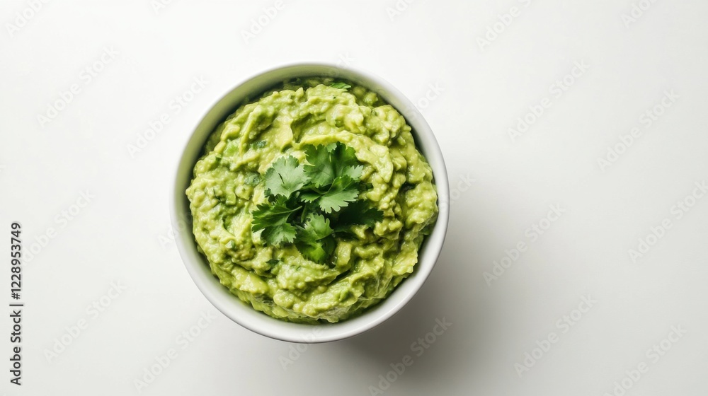 A minimalist bowl of fresh guacamole topped with a light sprinkle of cilantro, neatly placed in a simple white bowl, Guacamole bowl centered A minimalist bowl of fresh guacamole topped with a light sprinkle of cilantro, neatly placed in a simple white bowl, Guacamole bowl centered
