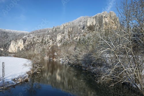 Raven Rock reflected in the Danube River in winter, Thiergarten, Donautal, Baden-Württemberg, Germany, Europe photo