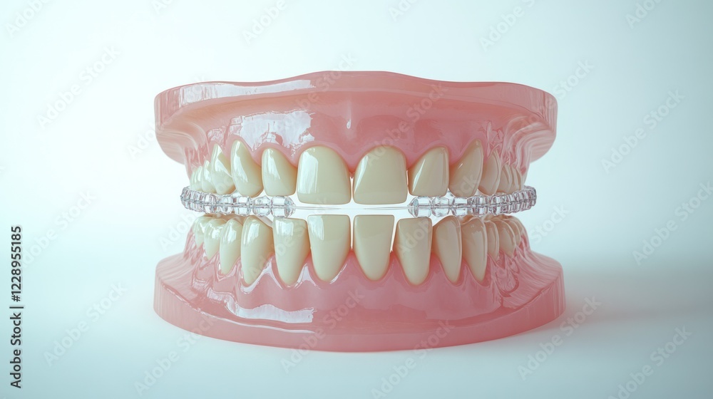 Obraz premium A sharp and professional image of smiling teeth with clear aligners and braces, isolated on a white background.